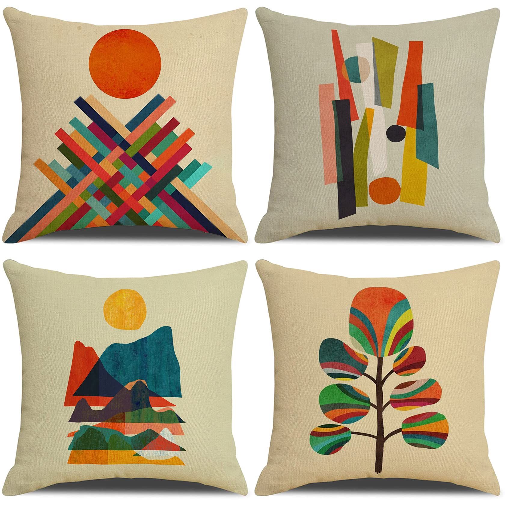 Abstract Sunset Linen Throw Pillow Covers Set of 4 Decorative Square Boho