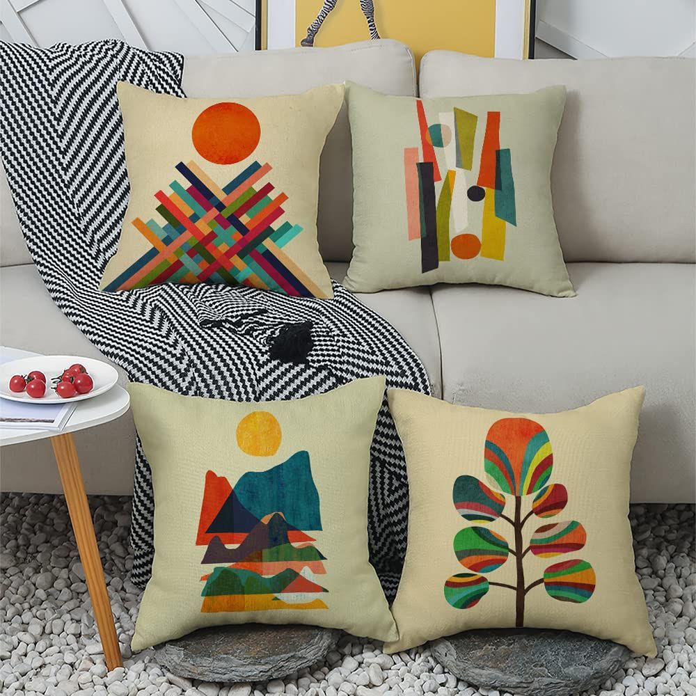 Abstract Sunset Linen Throw Pillow Covers Set of 4 Decorative Square Boho view 5