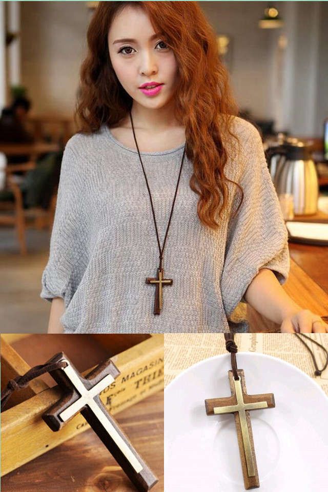 Classic Wood Cross Pendant Necklace Simple Natural Wood Layer Cross Necklace view 2