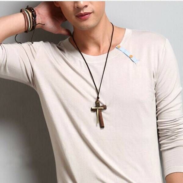 Classic Wood Cross Pendant Necklace Simple Natural Wood Layer Cross Necklace view 3