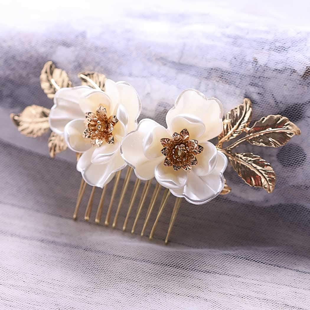 Bride Flower Bridal Hair Comb Gold Leaf Wedding Hair Piece Floral Hair view 3