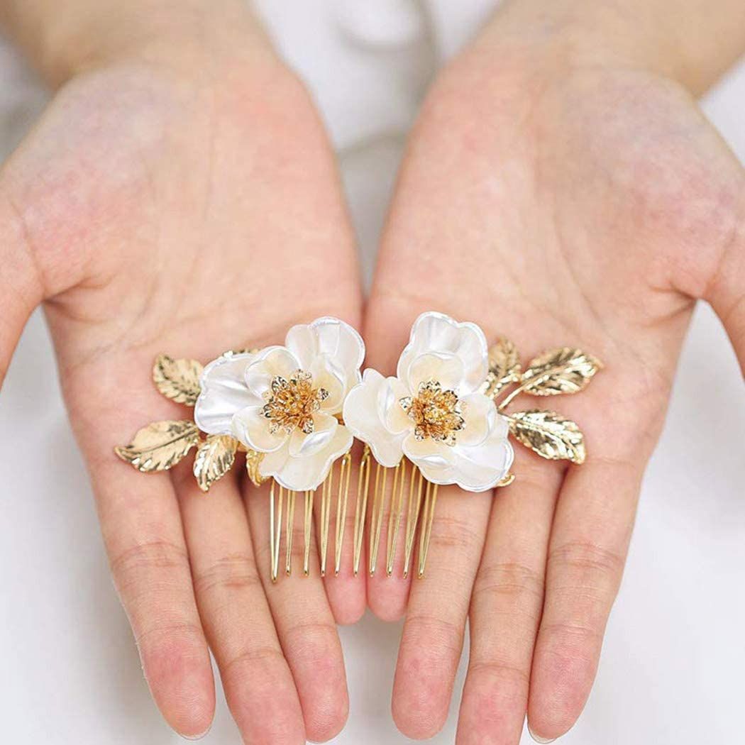 Bride Flower Bridal Hair Comb Gold Leaf Wedding Hair Piece Floral Hair view 4