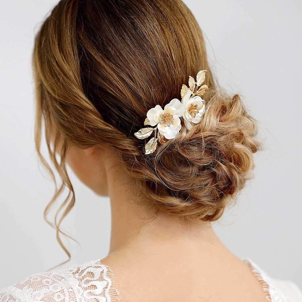 Bride Flower Bridal Hair Comb Gold Leaf Wedding Hair Piece Floral Hair view 5