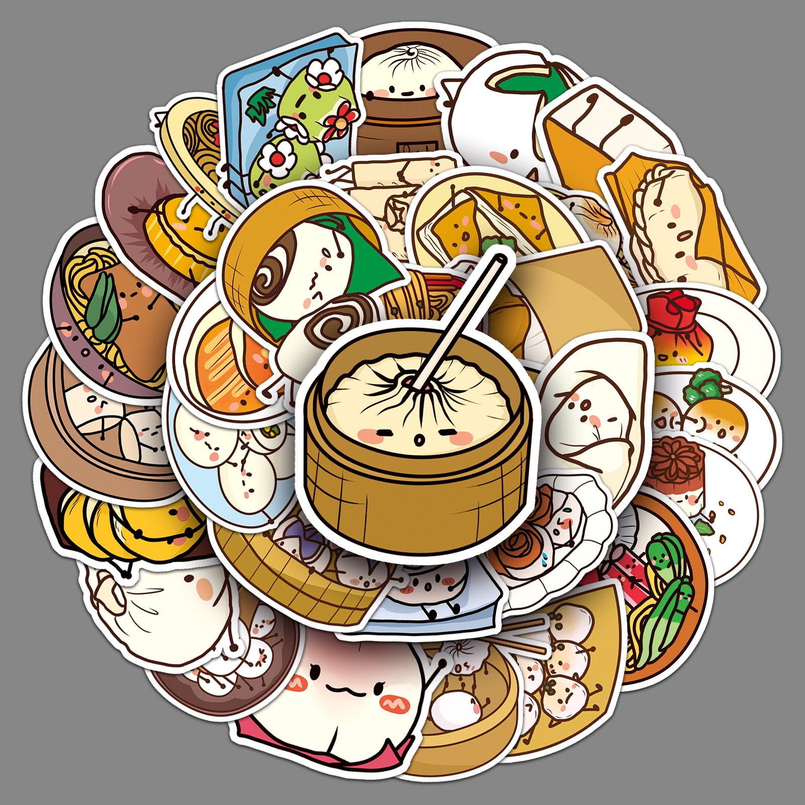 Food Stickers-50Pcs Chinese Noodles Buns Dumplings Waterproof Vinyl Decals for — image 1