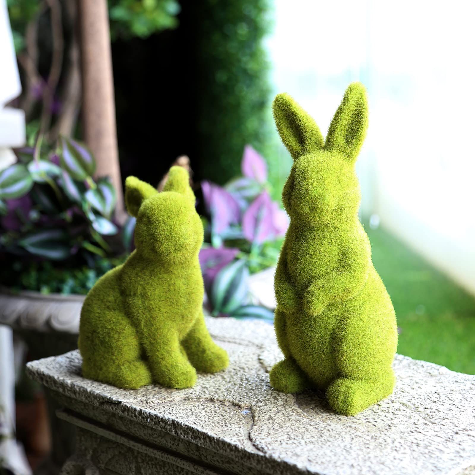 Easter Bunny Decor, Flocked Bunny Moss Bunnies Spring Decor Resin Rabbit view 4