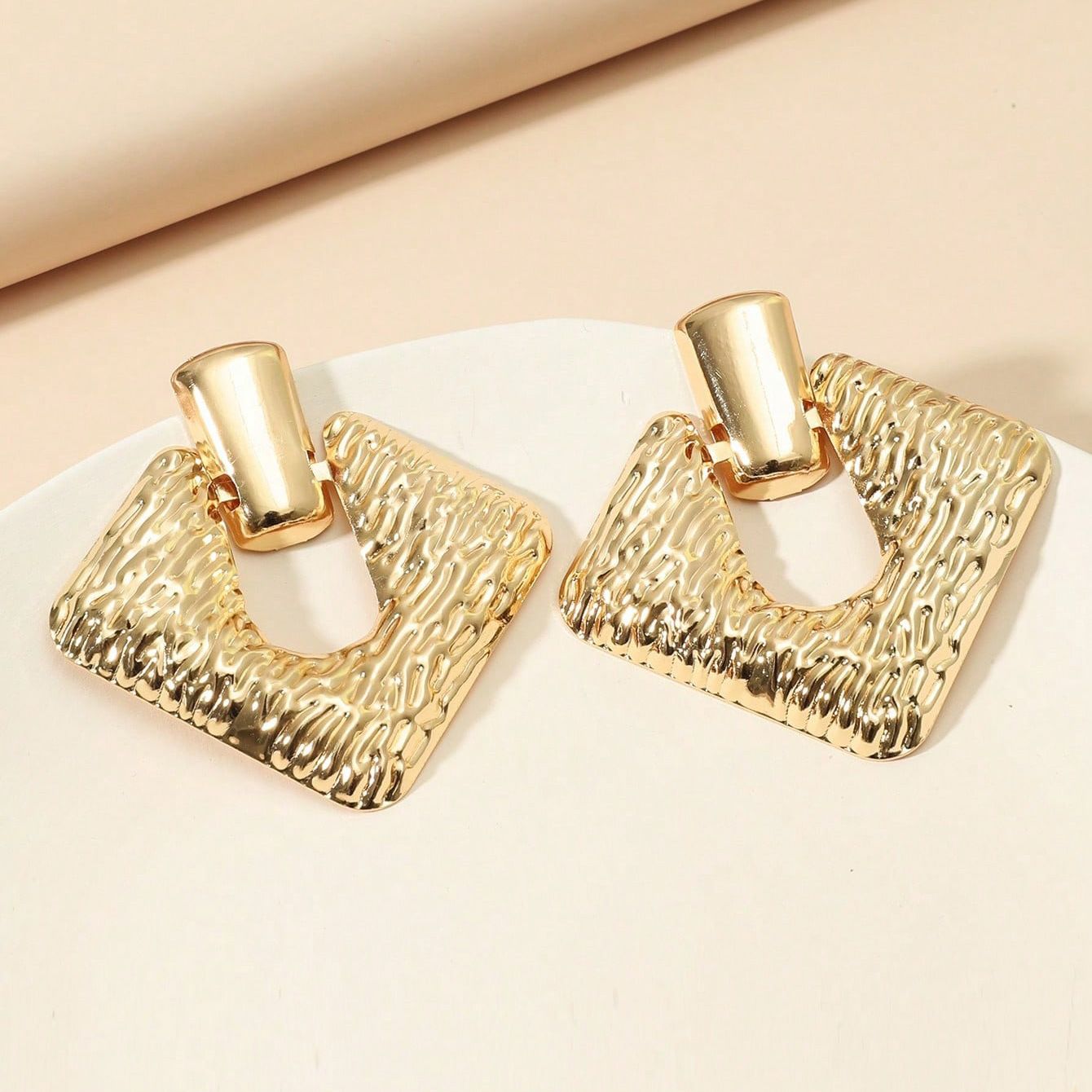 Matte Gold Silver Geometric Harmmered Clip On Earrings for Women Long Clip