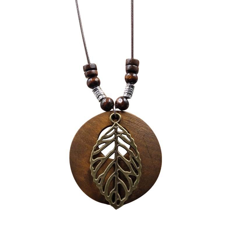 Vintage Necklace Wooden Pendant Long Necklaces for Women Boho Ethnic Style