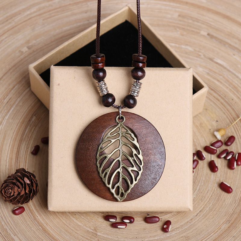 Vintage Necklace Wooden Pendant Long Necklaces for Women Boho Ethnic Style view 3