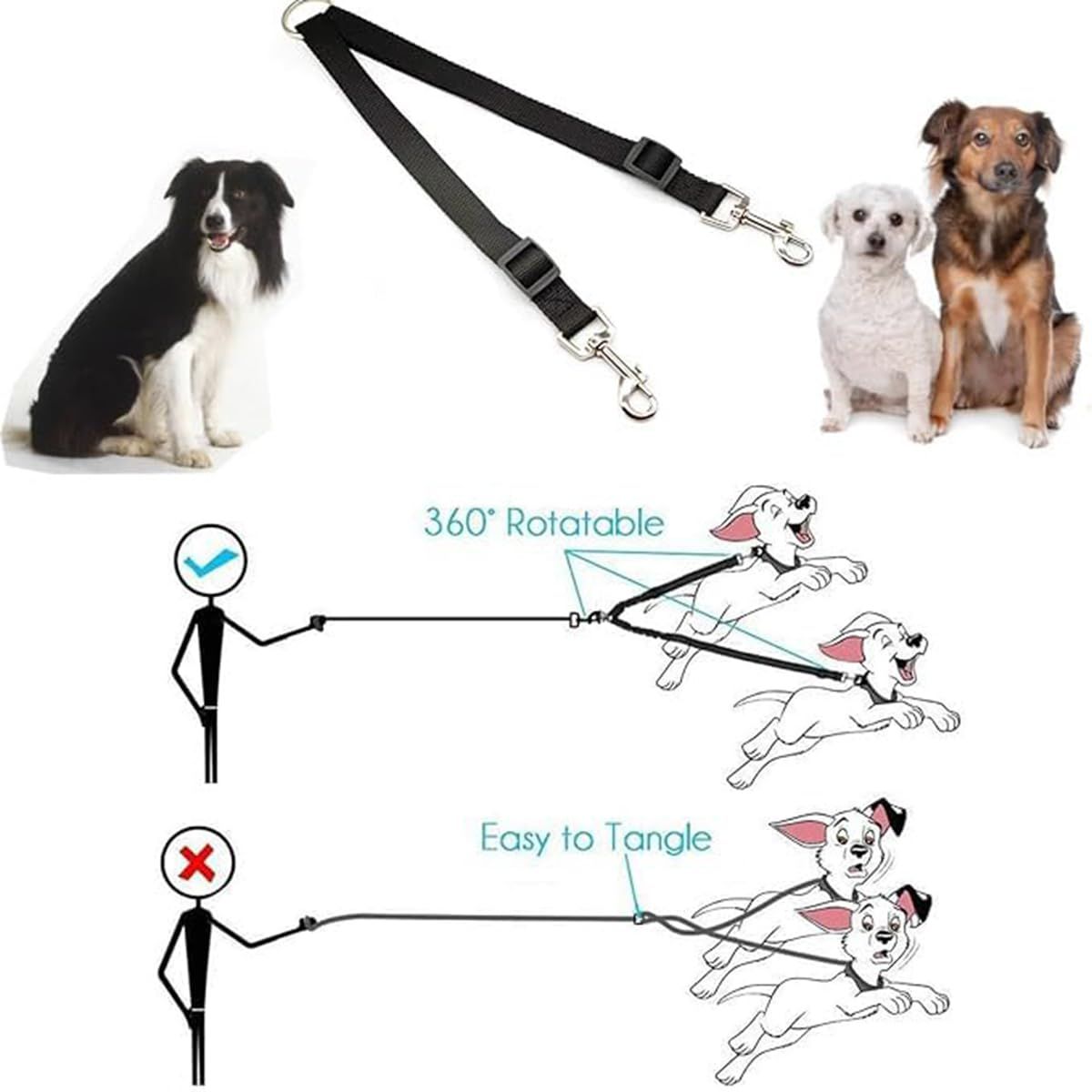 Double Dog Walker Leash, in Length, Head Tilt Adjustable, Tin Alloy Snaps view 2