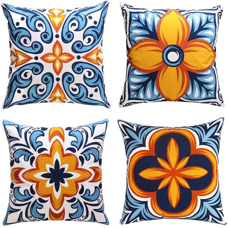 Floral Throw Pillow Covers 18x18 inch Set of 4 Orange Blue Spanish Pillow