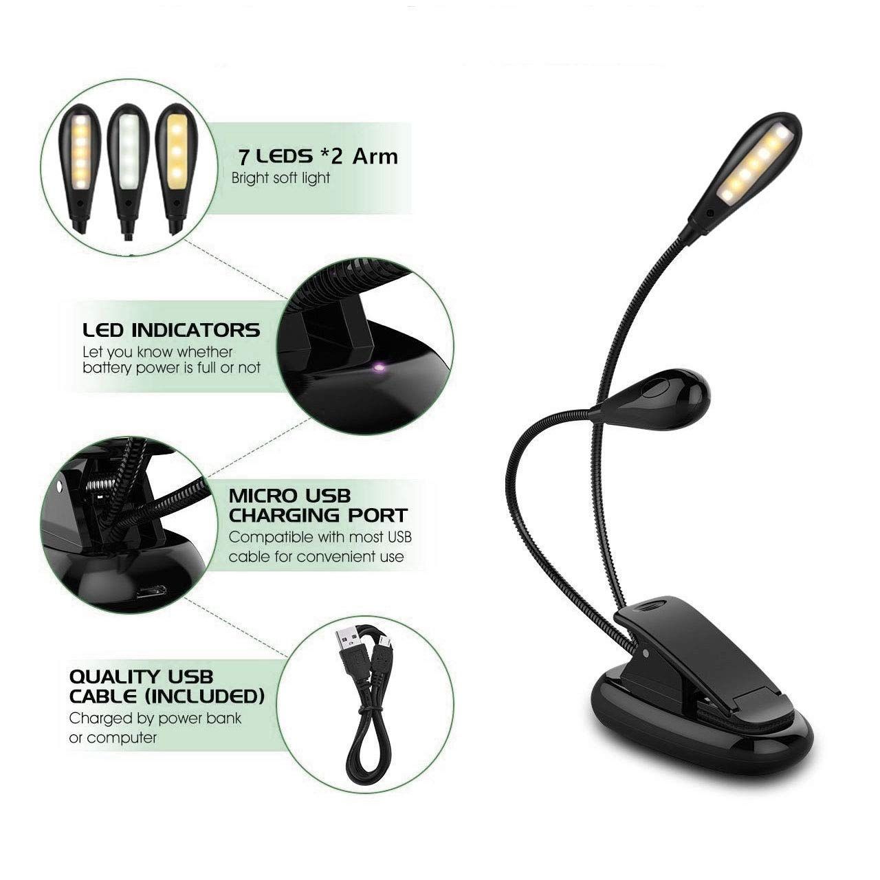 Reading Light Rechargeable Book Light with Clip On Lamp with Flexible Goose Neck view 4