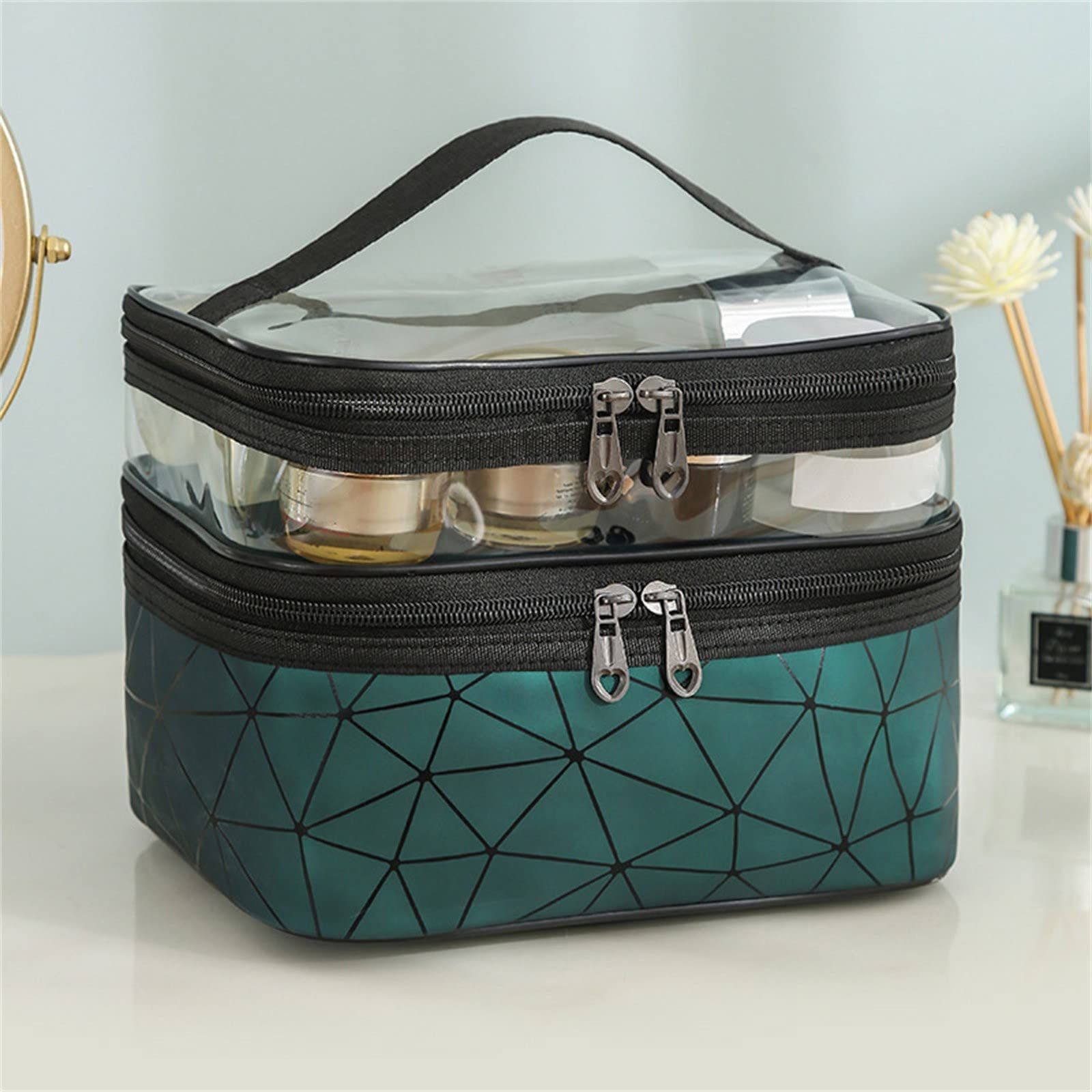 Clear Makeup Bag Large Double Layer Clear Makeup Pouch Waterproof with Handle view 2