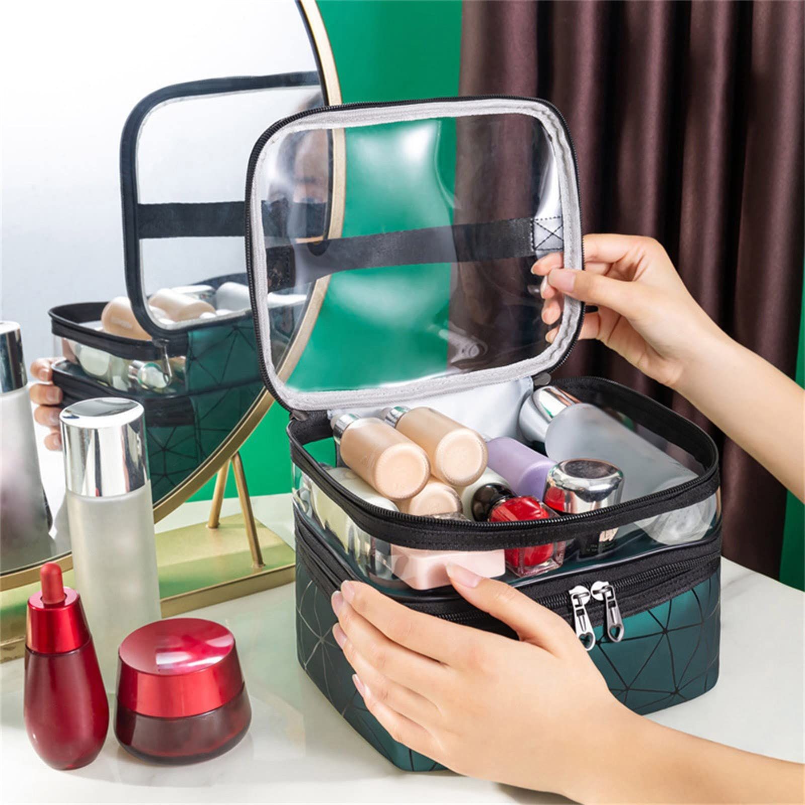 Clear Makeup Bag Large Double Layer Clear Makeup Pouch Waterproof with Handle view 3