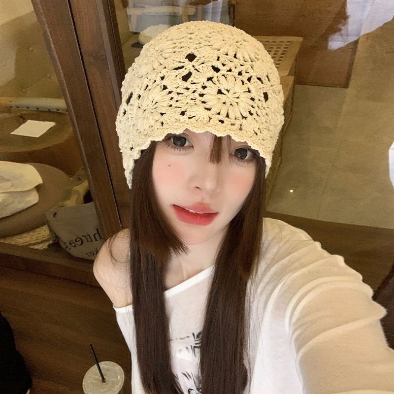 Hand Woven Hollowed-Out hat Stylish and Charming Flower Beanie cotton view 2