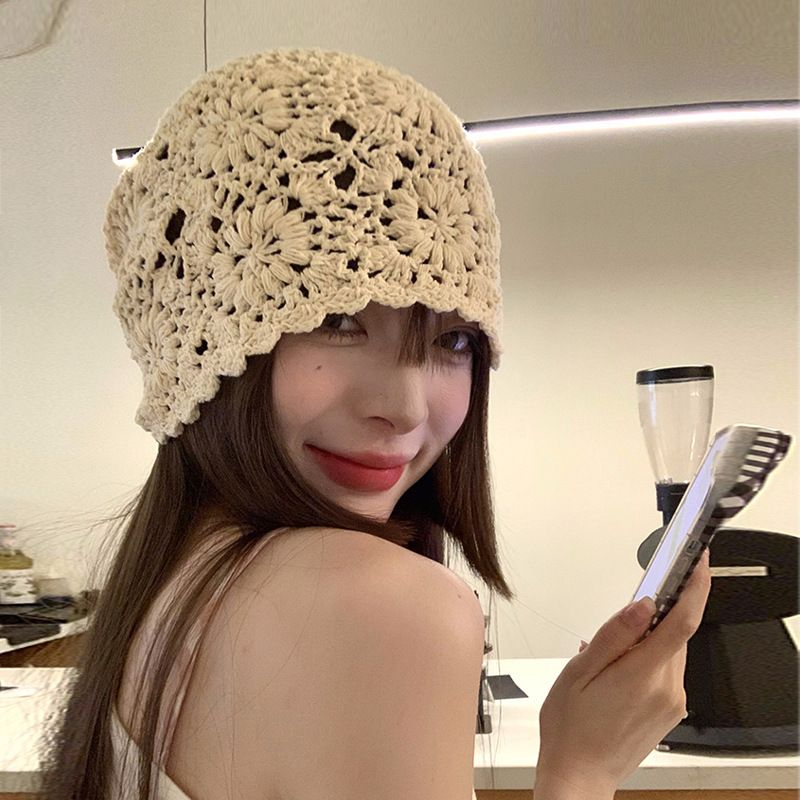 Hand Woven Hollowed-Out hat Stylish and Charming Flower Beanie cotton view 3