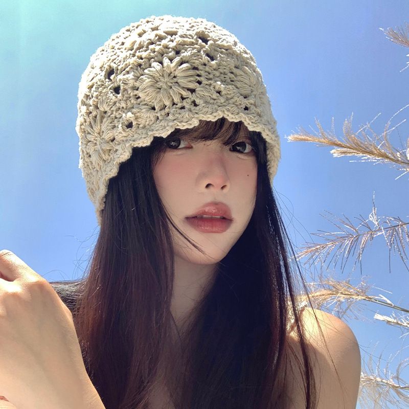 Hand Woven Hollowed-Out hat Stylish and Charming Flower Beanie cotton view 4