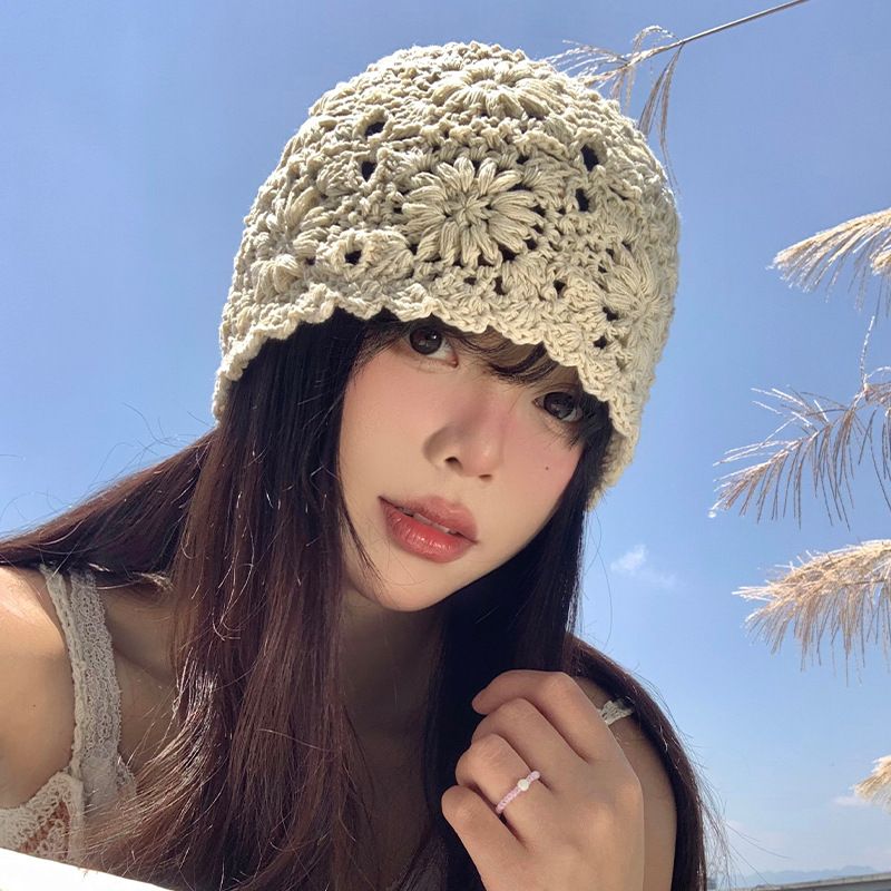 Hand Woven Hollowed-Out hat Stylish and Charming Flower Beanie cotton view 5