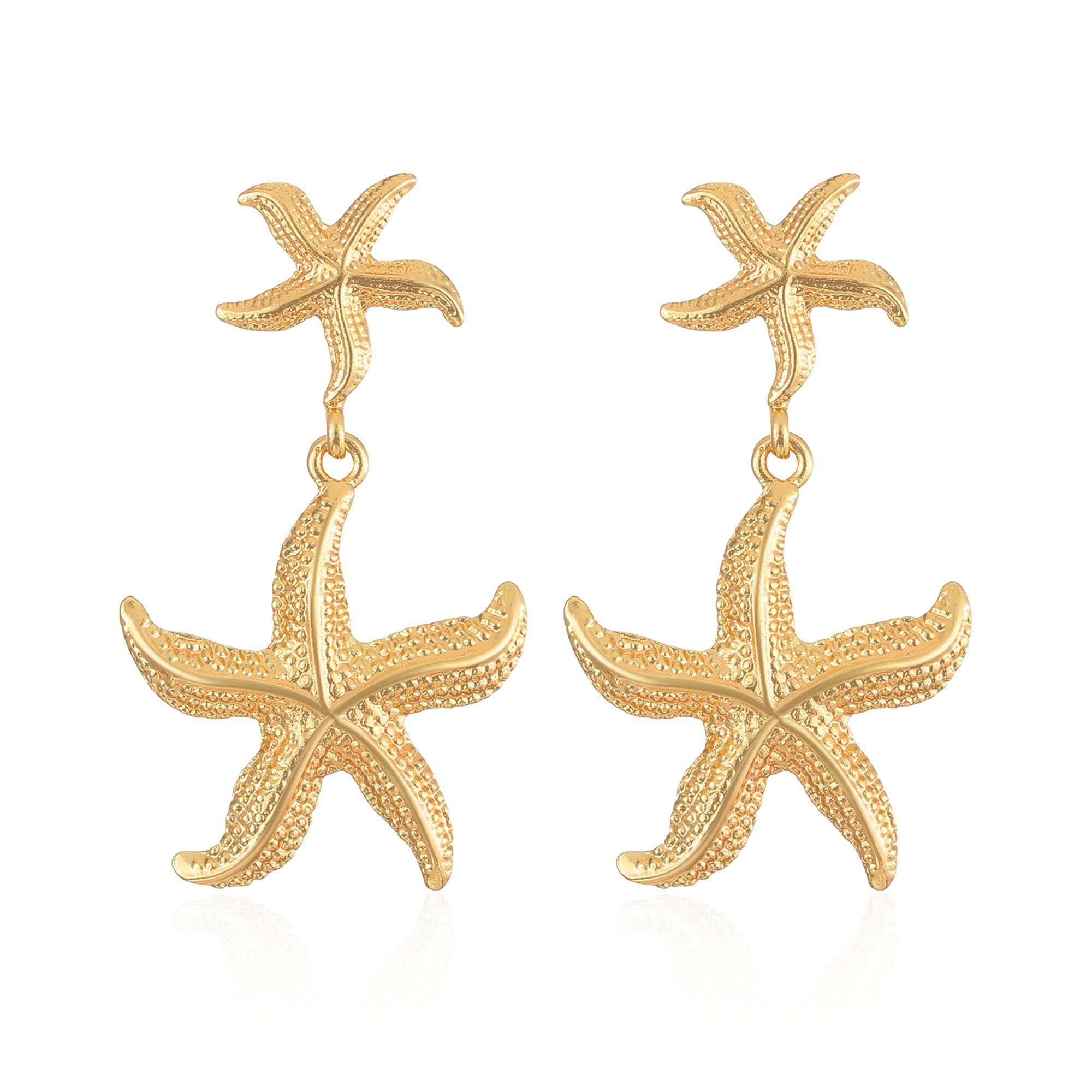 Gold Starfish Dangle Stud Earrings Statement Beach Drop Earrings Summer