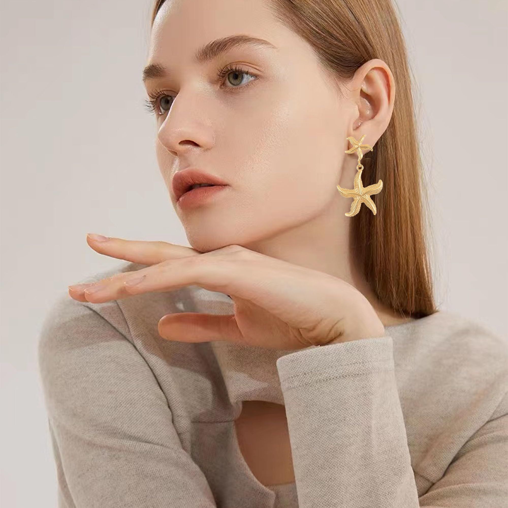 Gold Starfish Dangle Stud Earrings Statement Beach Drop Earrings Summer view 2
