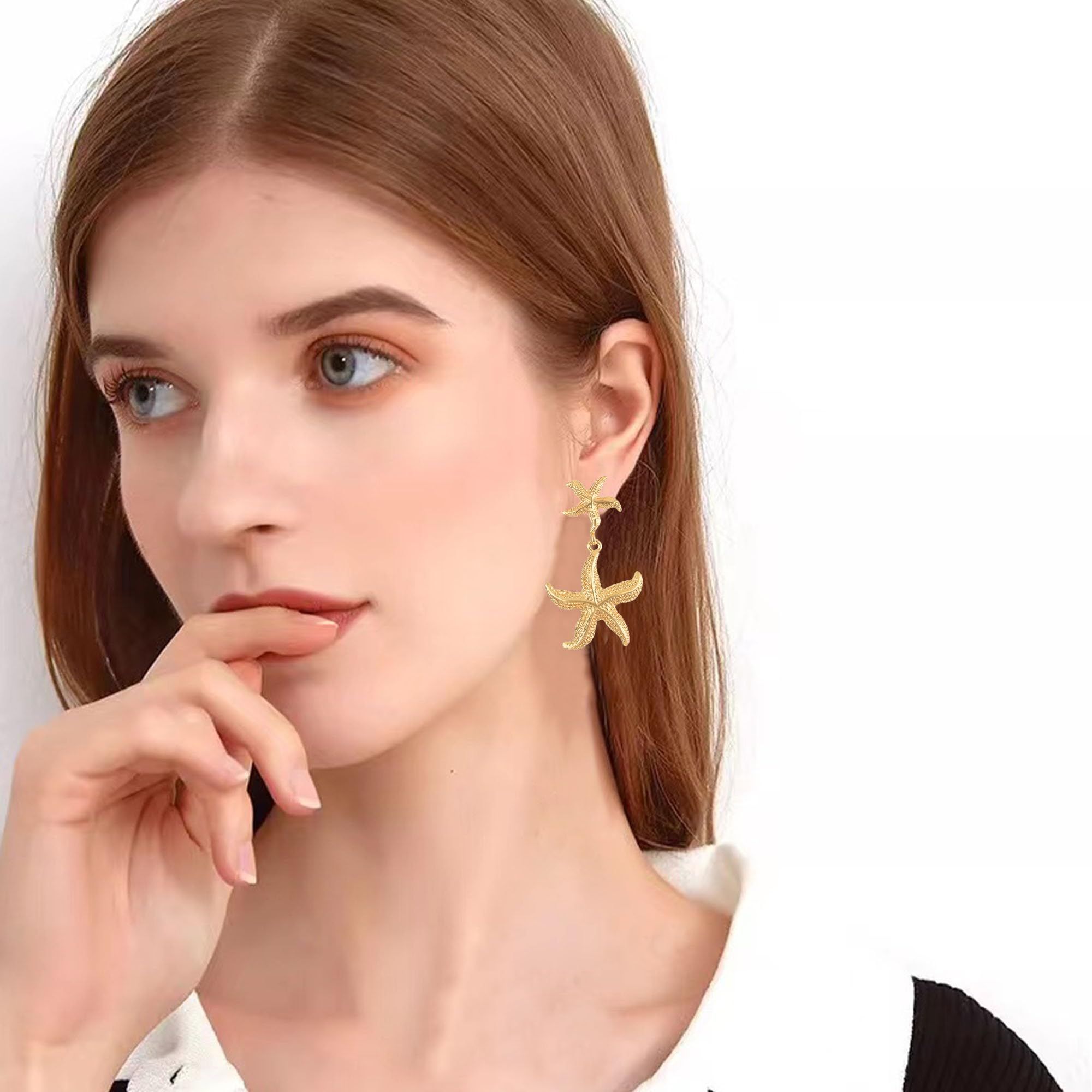 Gold Starfish Dangle Stud Earrings Statement Beach Drop Earrings Summer view 3