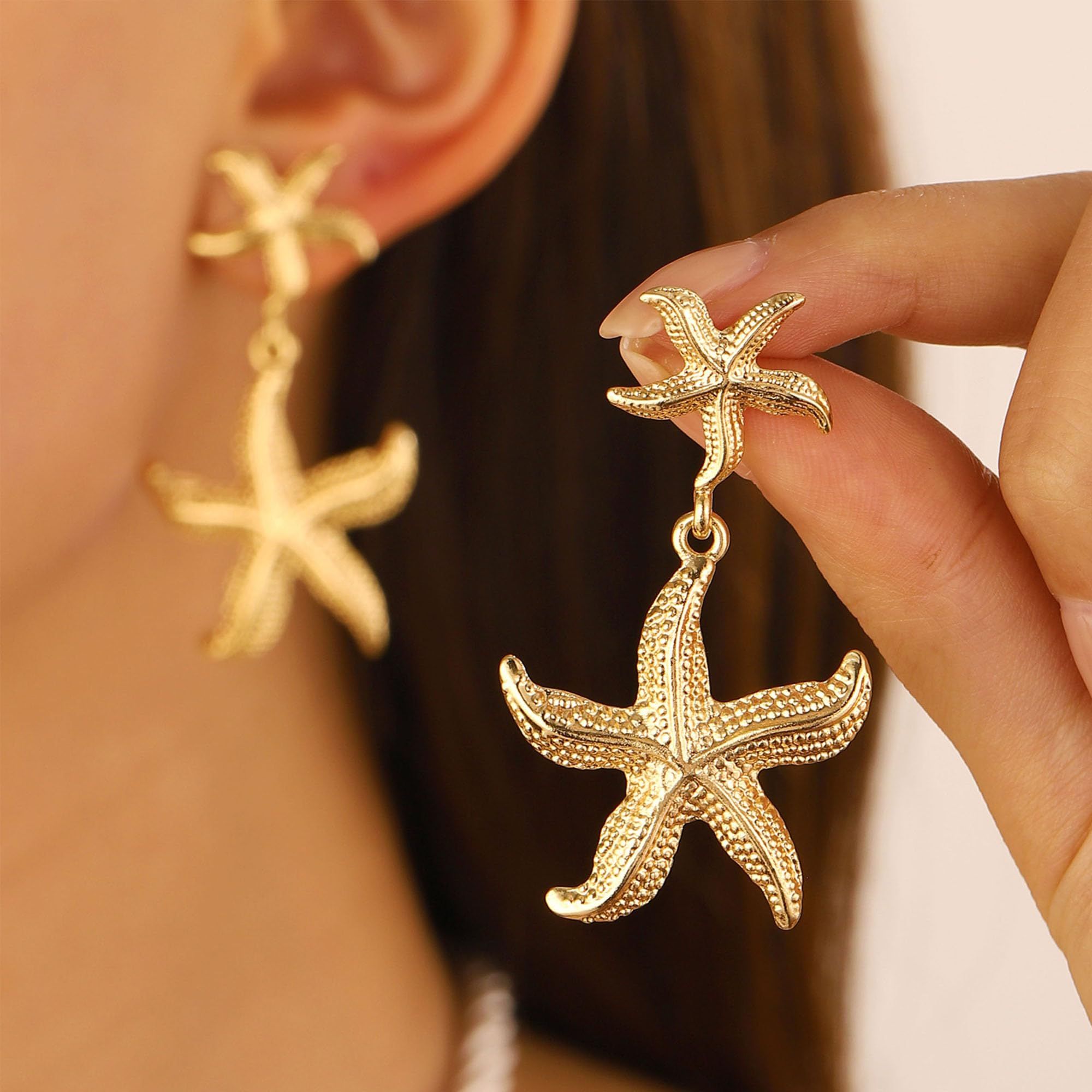 Gold Starfish Dangle Stud Earrings Statement Beach Drop Earrings Summer view 5