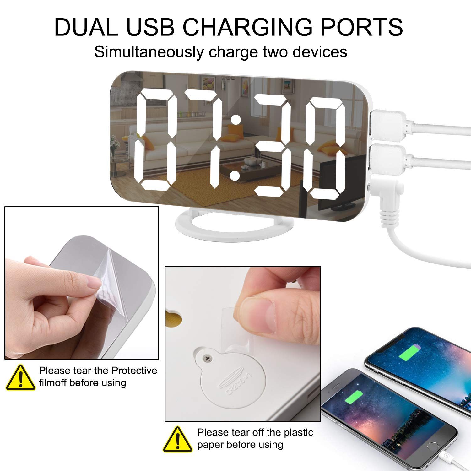 Digital Alarm Clock,Large Display LED And Mirror Desk Clock With Dual USB view 2