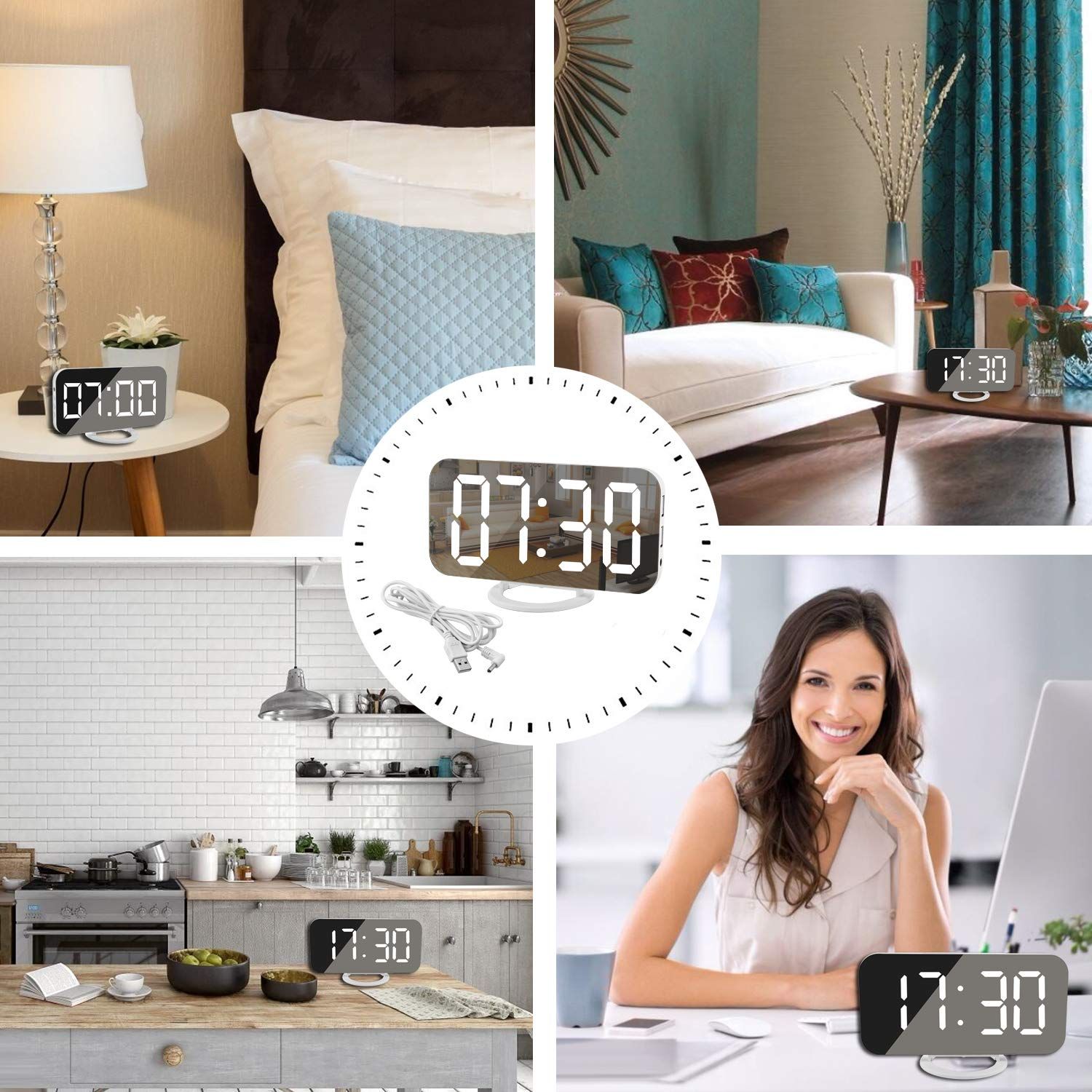 Digital Alarm Clock,Large Display LED And Mirror Desk Clock With Dual USB view 4