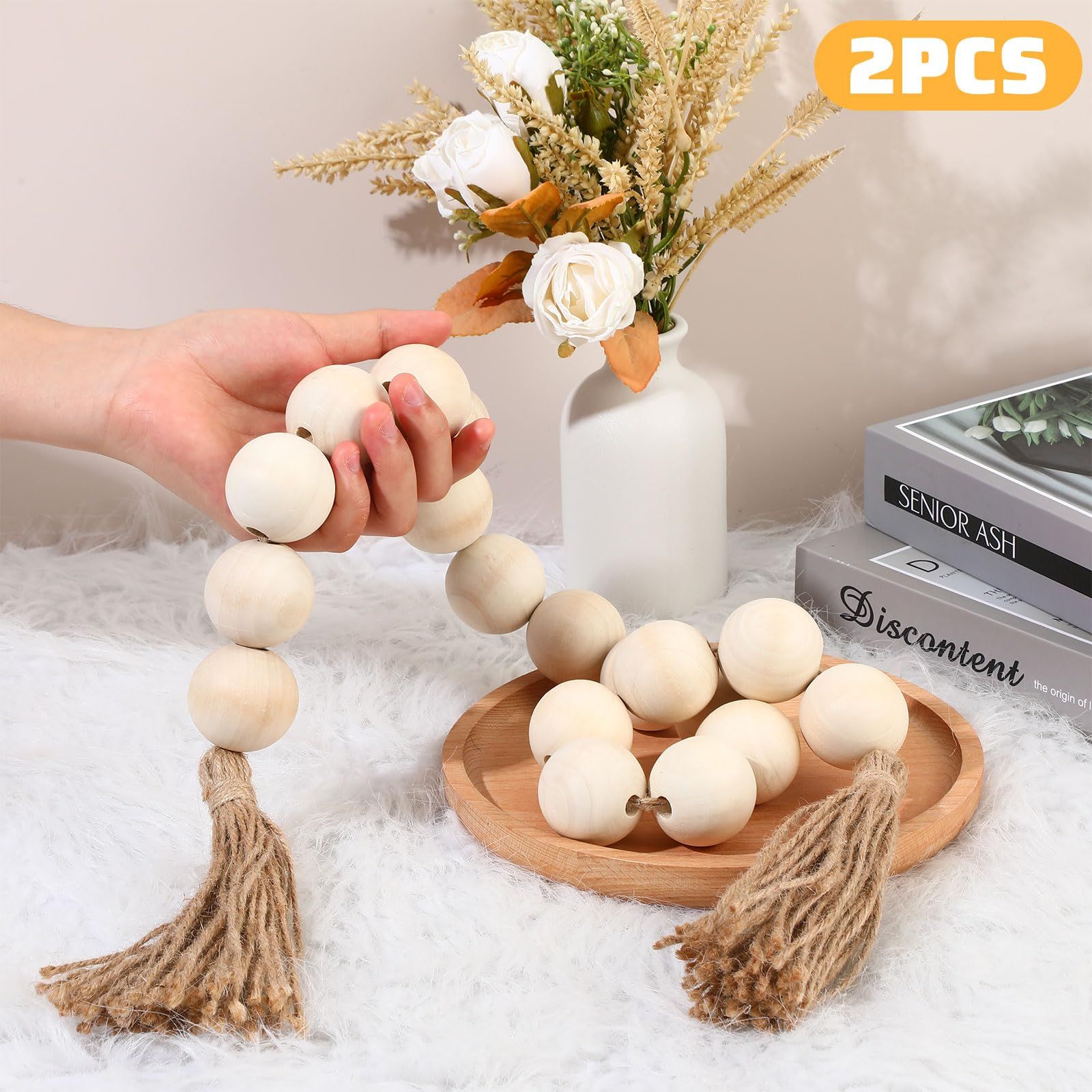 2 Pcs Large Wood Bead Garland with 1.57" Diameter Wood Beads and Tassel view 2