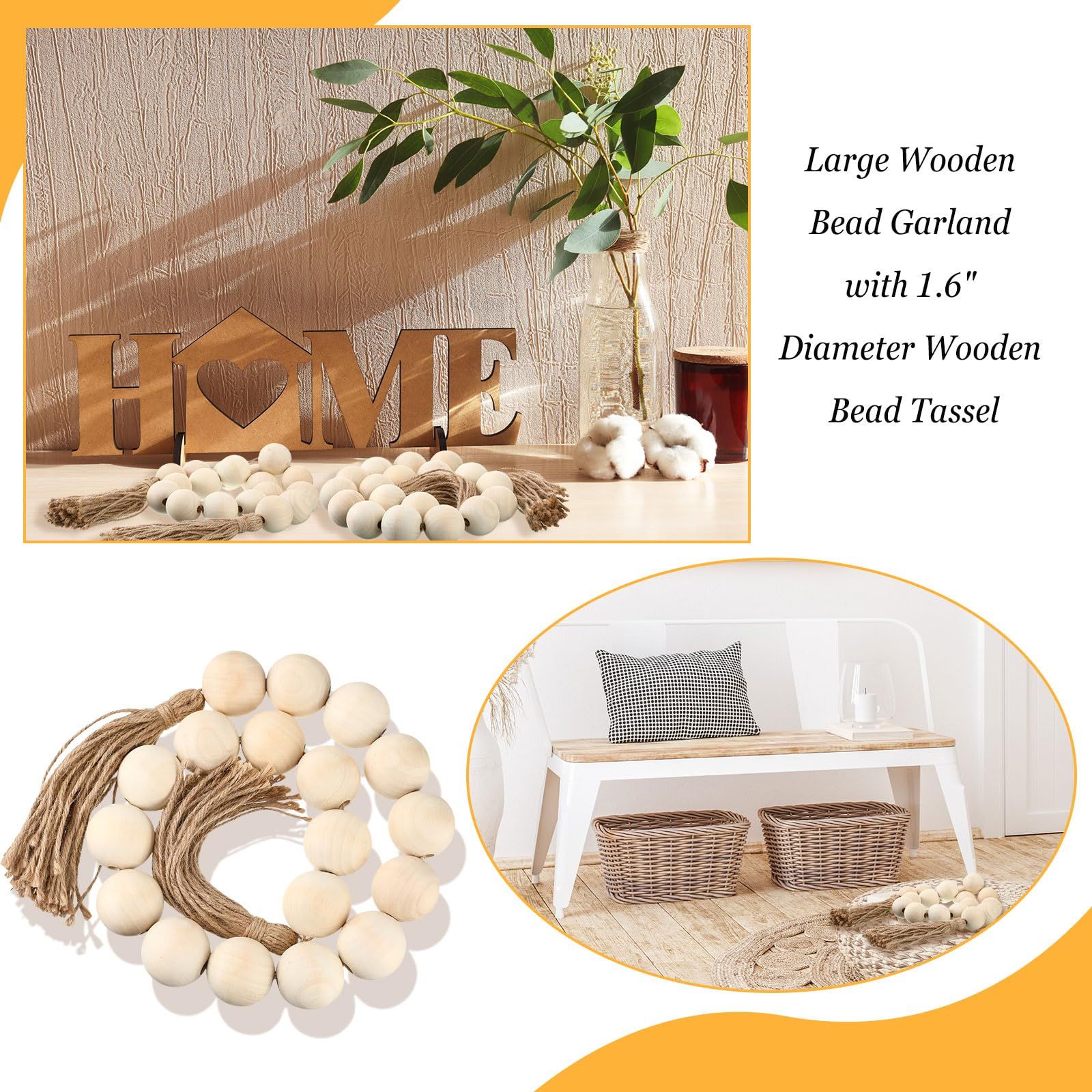 2 Pcs Large Wood Bead Garland with 1.57" Diameter Wood Beads and Tassel view 4