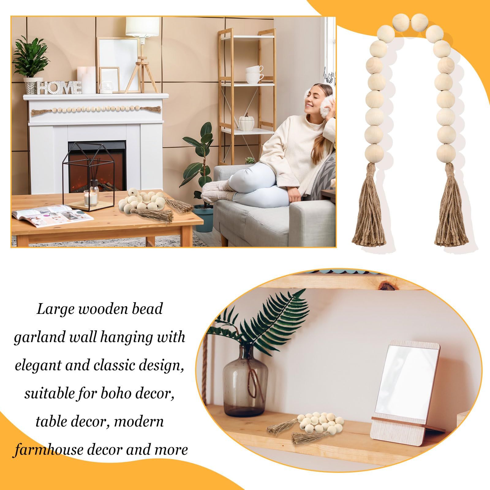2 Pcs Large Wood Bead Garland with 1.57" Diameter Wood Beads and Tassel view 5