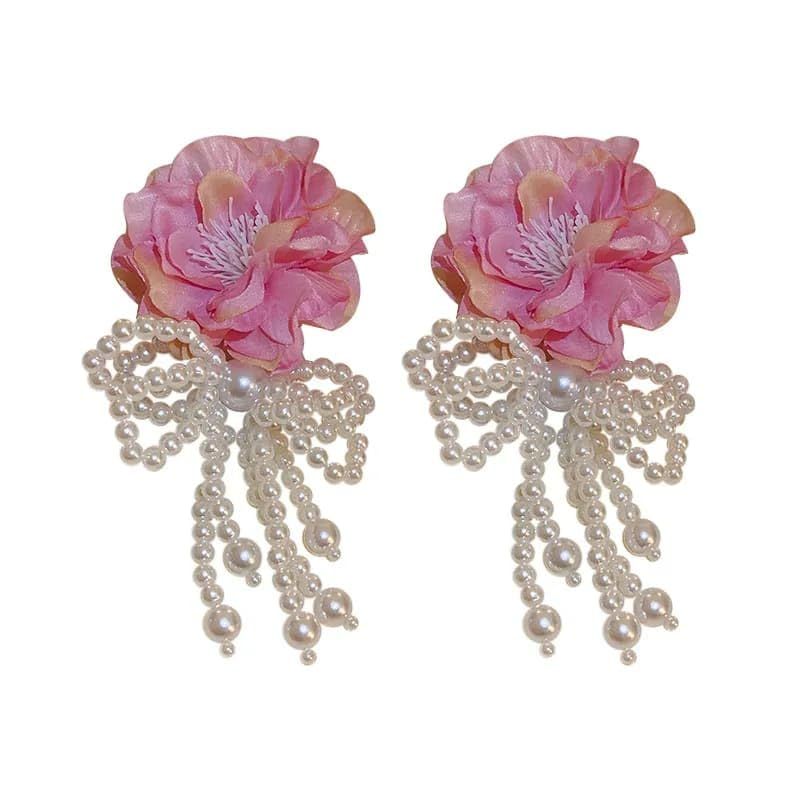 Bohemian Pink Big Cloth Flower Earrings For Women Statement Jewelry Handmade
