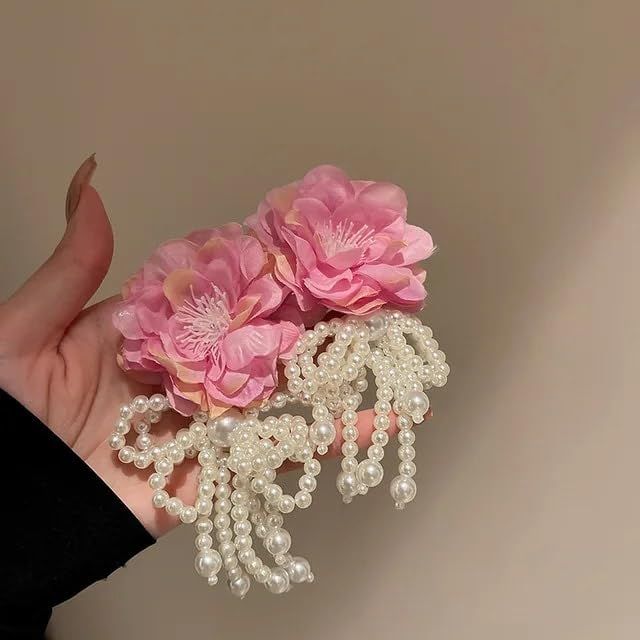 Bohemian Pink Big Cloth Flower Earrings For Women Statement Jewelry Handmade view 2