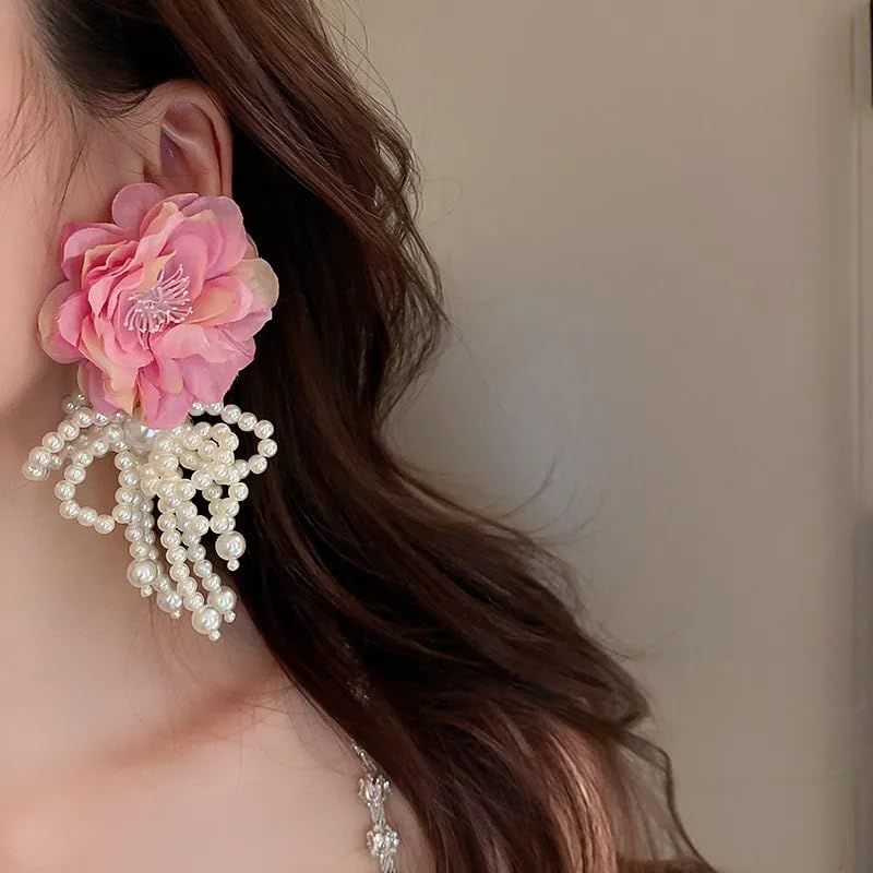 Bohemian Pink Big Cloth Flower Earrings For Women Statement Jewelry Handmade view 3