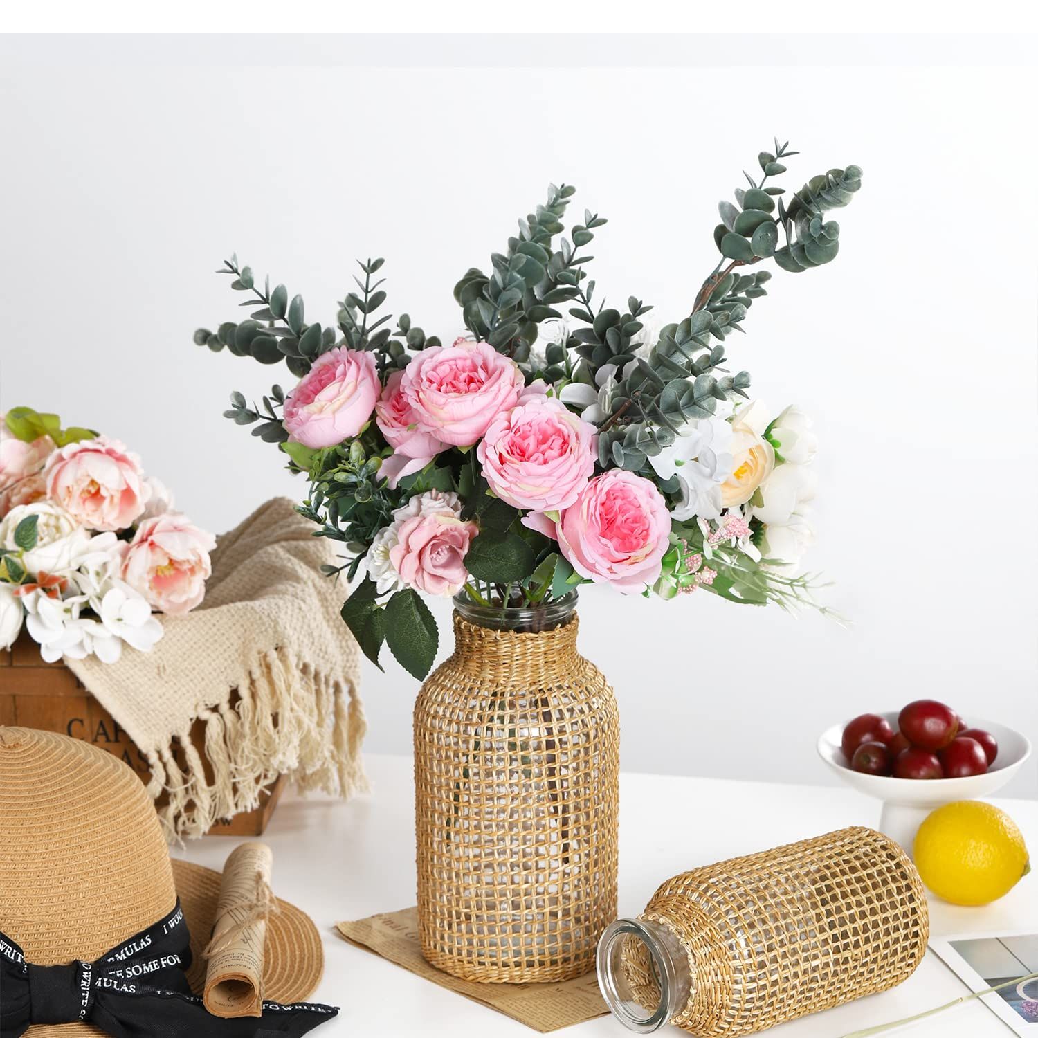 Glass Vase, Rattan Vase, Farmhouse Rattan Décor, Round Flower Vase Basket Vase view 4
