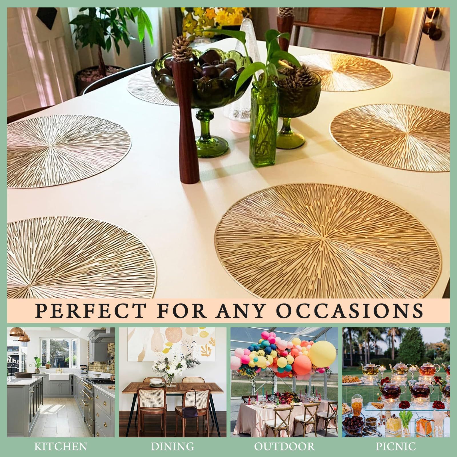 6PCS Round Placemats Pressed Vinyl Slip Resistant Table Mats Golden Fireworks view 4