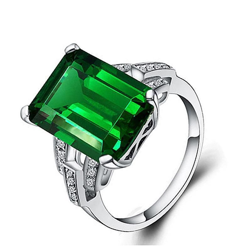 Silver Plated Women's Green Simulated Emerald Cut Rings Wedding Anniversary