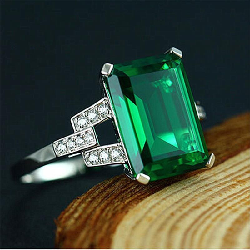 Silver Plated Women's Green Simulated Emerald Cut Rings Wedding Anniversary view 2