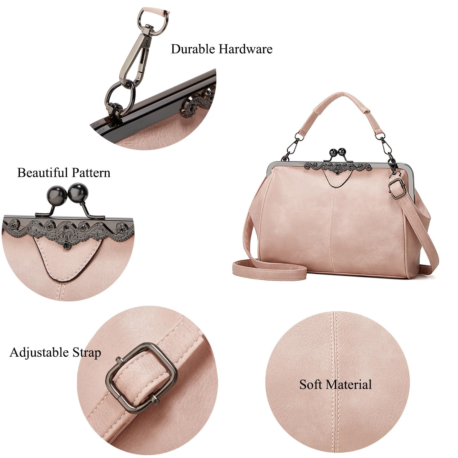Women Retro Hollow Oil Wax PU Leather Handbag Kiss Lock Crossbody Purse view 2