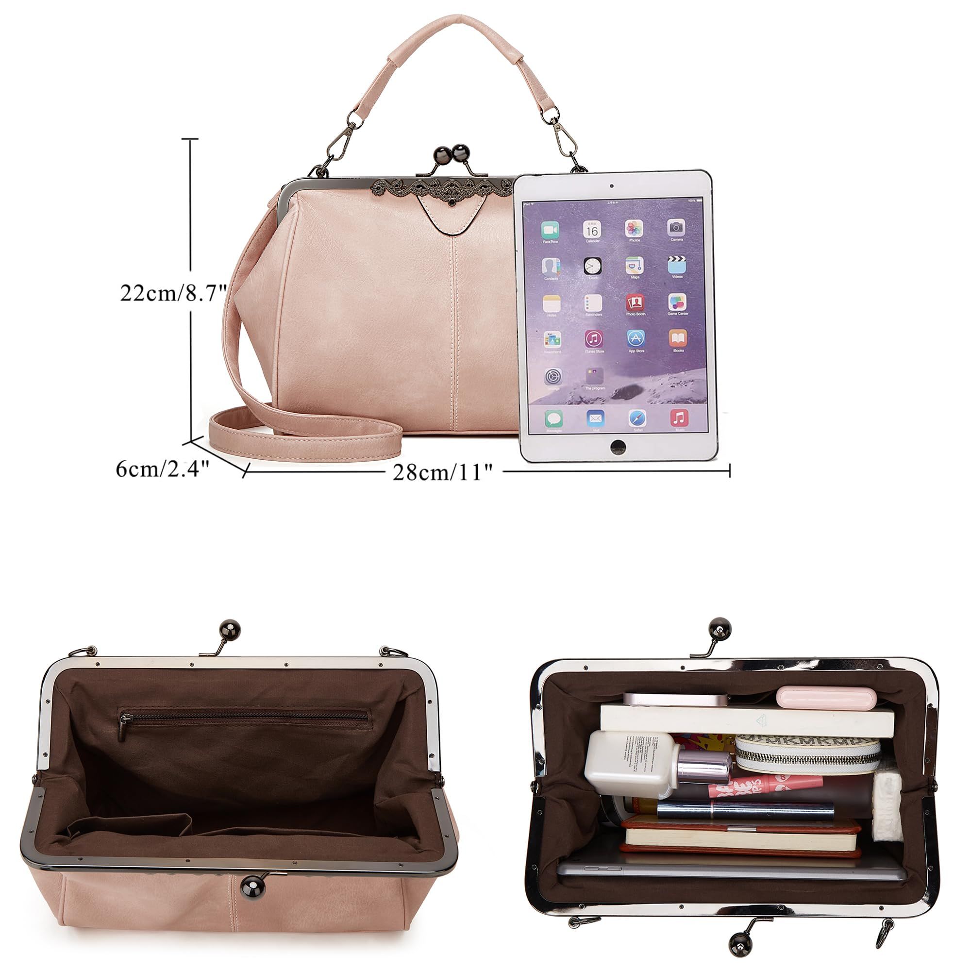 Women Retro Hollow Oil Wax PU Leather Handbag Kiss Lock Crossbody Purse view 3
