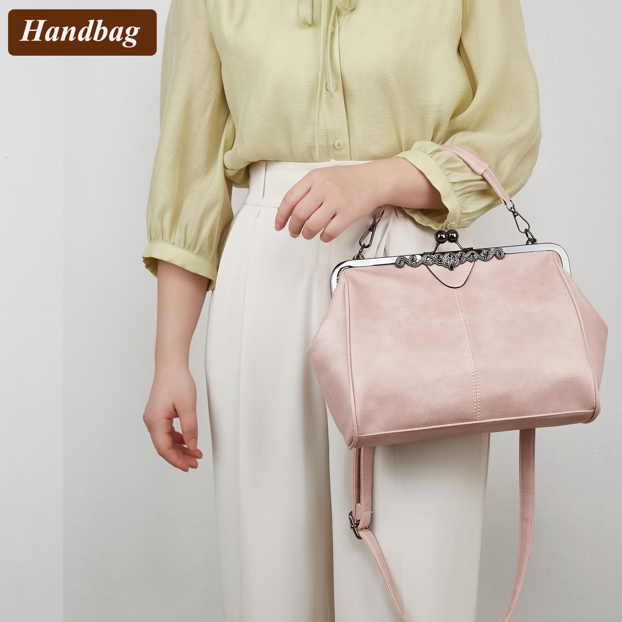 Women Retro Hollow Oil Wax PU Leather Handbag Kiss Lock Crossbody Purse view 5