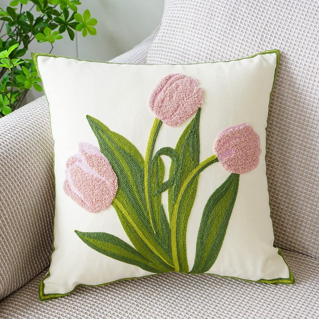 Farmhouse Tulip Cotton Tufted Throw Pillow Cover Spring Floral Embroidery — image 1