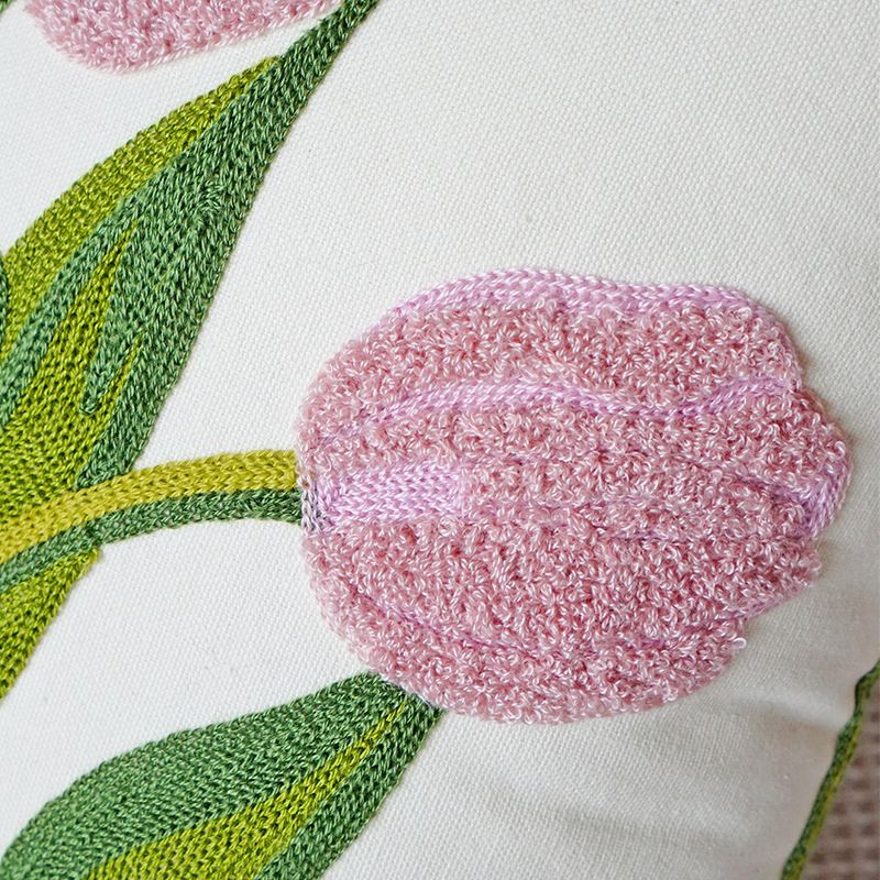 Farmhouse Tulip Cotton Tufted Throw Pillow Cover Spring Floral Embroidery view 4