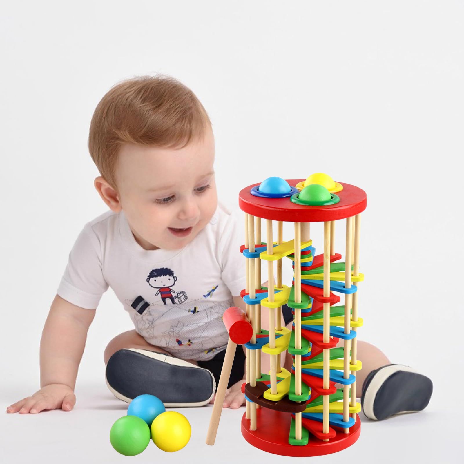 Wooden Ball Drop Toy Kids Pounding Bench Hammer Pound Roll Ramp Toys Children view 2