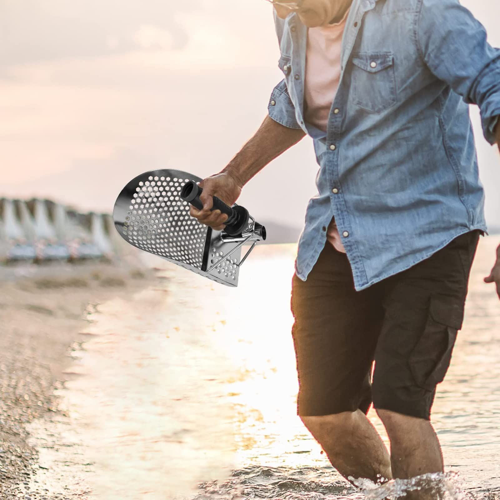 Beach Sand Scoop with Extra Handle Metal Detecting Tool Stainless Steel Water view 2
