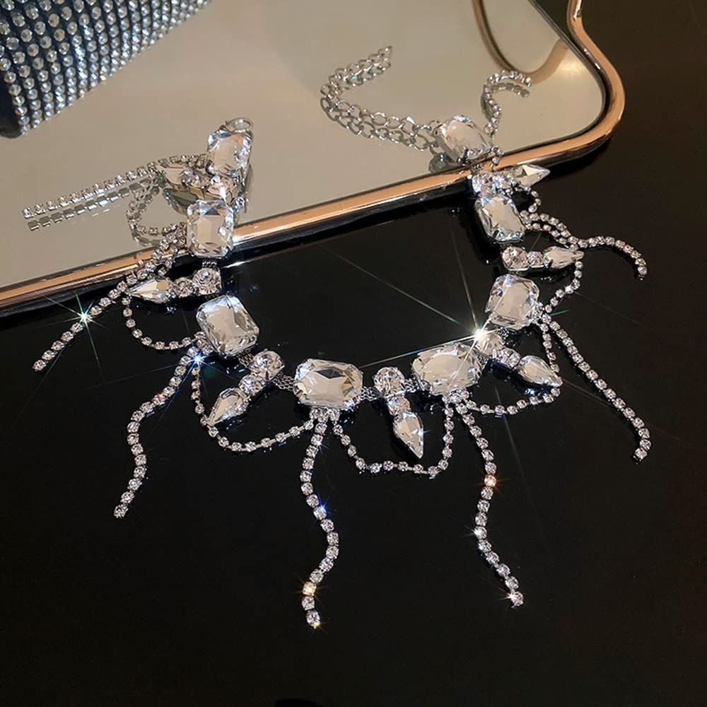 Necklace for Women Full Rhinestone Tassel Necklace Boho Bridal Necklaces for view 5