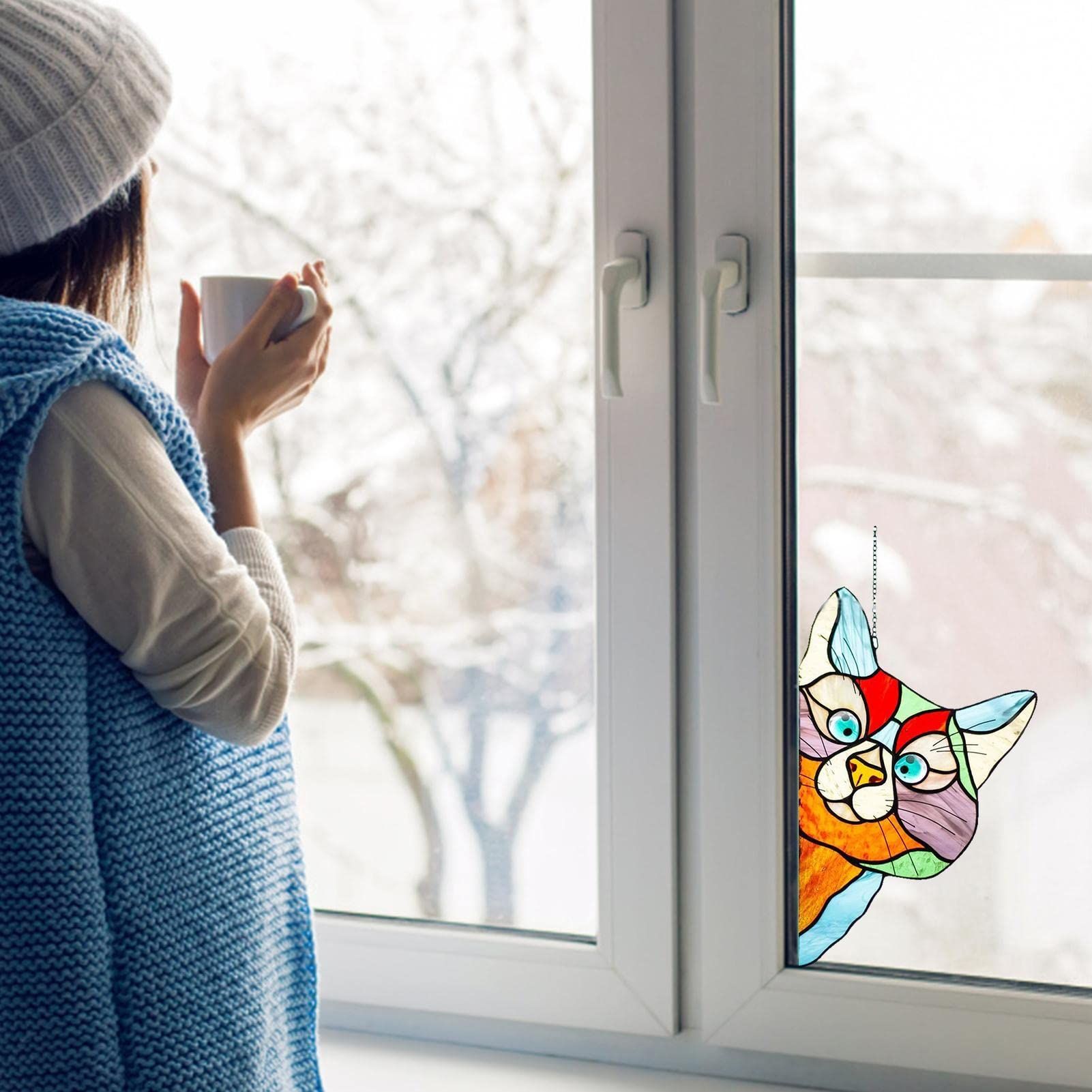 Peeking Cat Suncatcher, Funny Window Corner Decor, Funny Stained Glass Window view 5