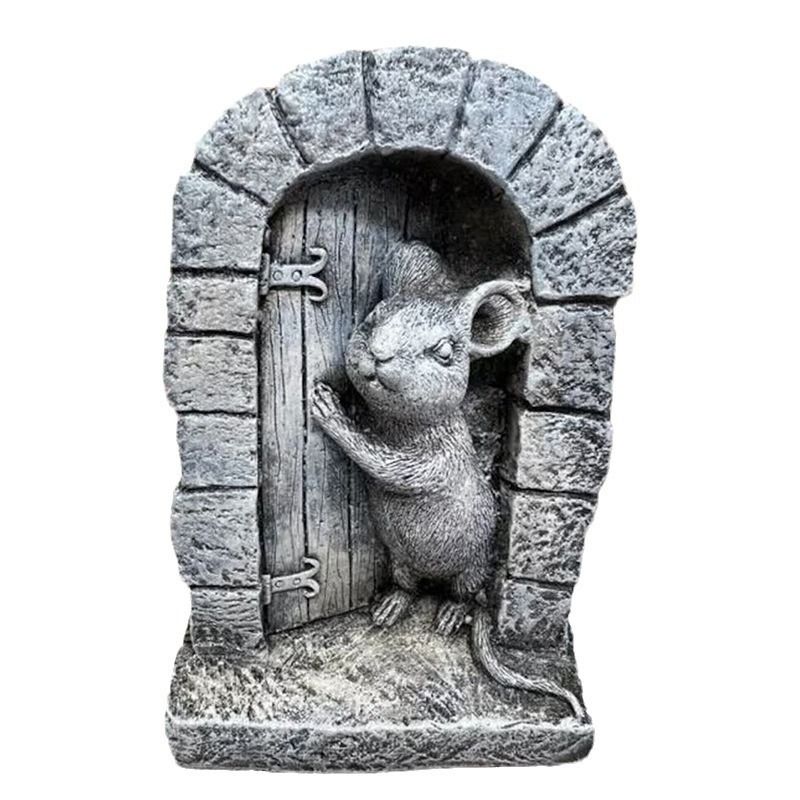 Mouse Garden Decor, Mouse Door Stone Statue, Playful Mouse Figurine