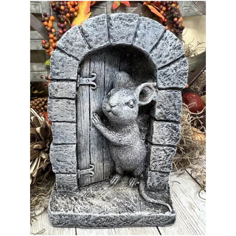 Mouse Garden Decor, Mouse Door Stone Statue, Playful Mouse Figurine view 2