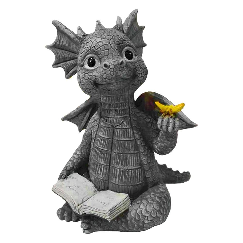 Dragon Statue, Baby Dragon Reading Book Statue, Dinosaur Holding Butterfly