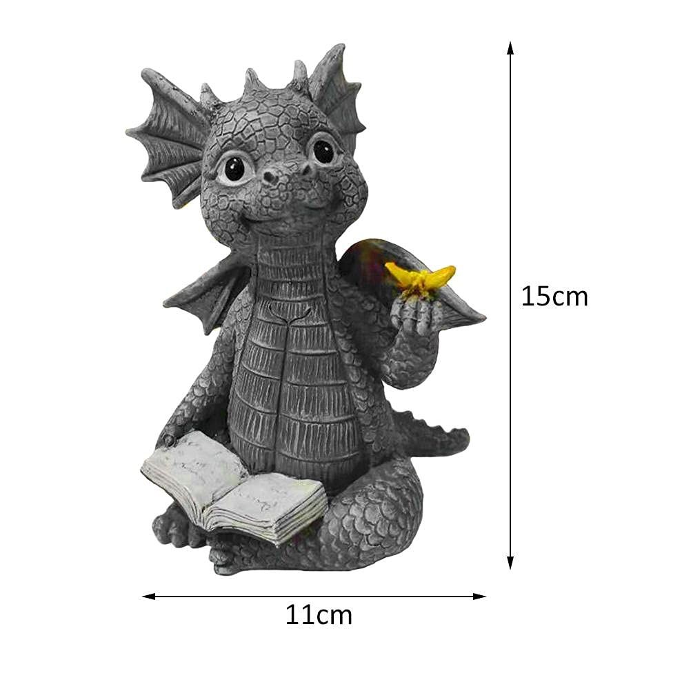 Dragon Statue, Baby Dragon Reading Book Statue, Dinosaur Holding Butterfly view 2